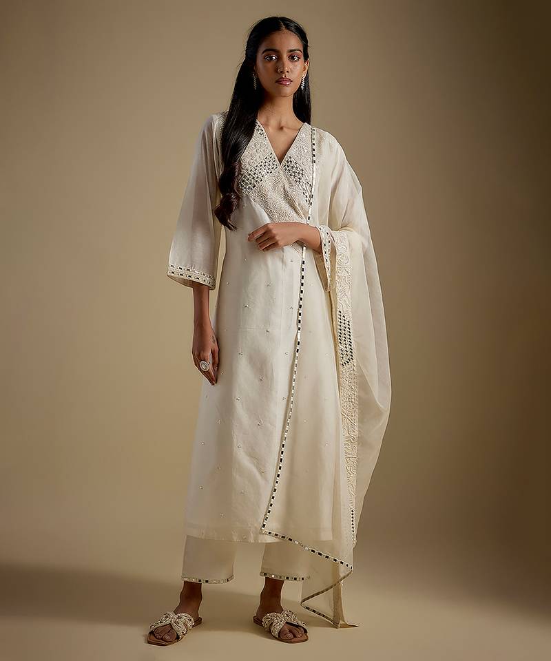Ivory embroidered chanderi muslin organza kurta set