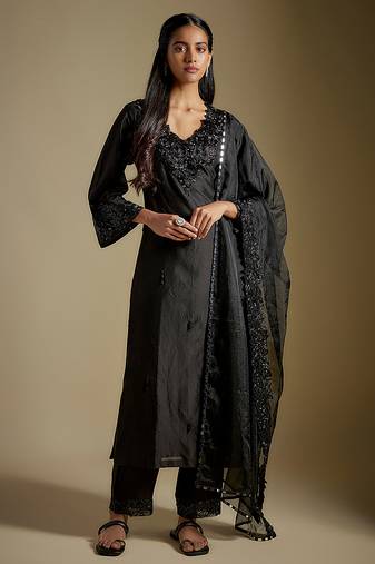 Black embroidered chanderi muslin organza kurta set