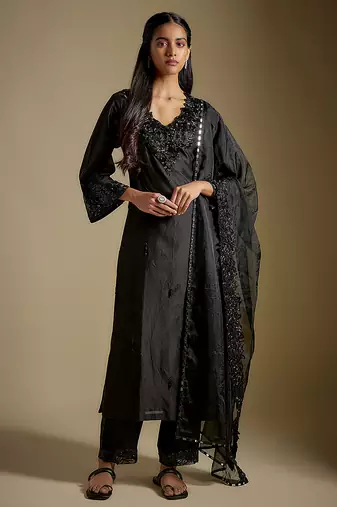 Black embroidered chanderi muslin organza kurta set