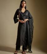 Black embroidered chanderi muslin organza kurta set