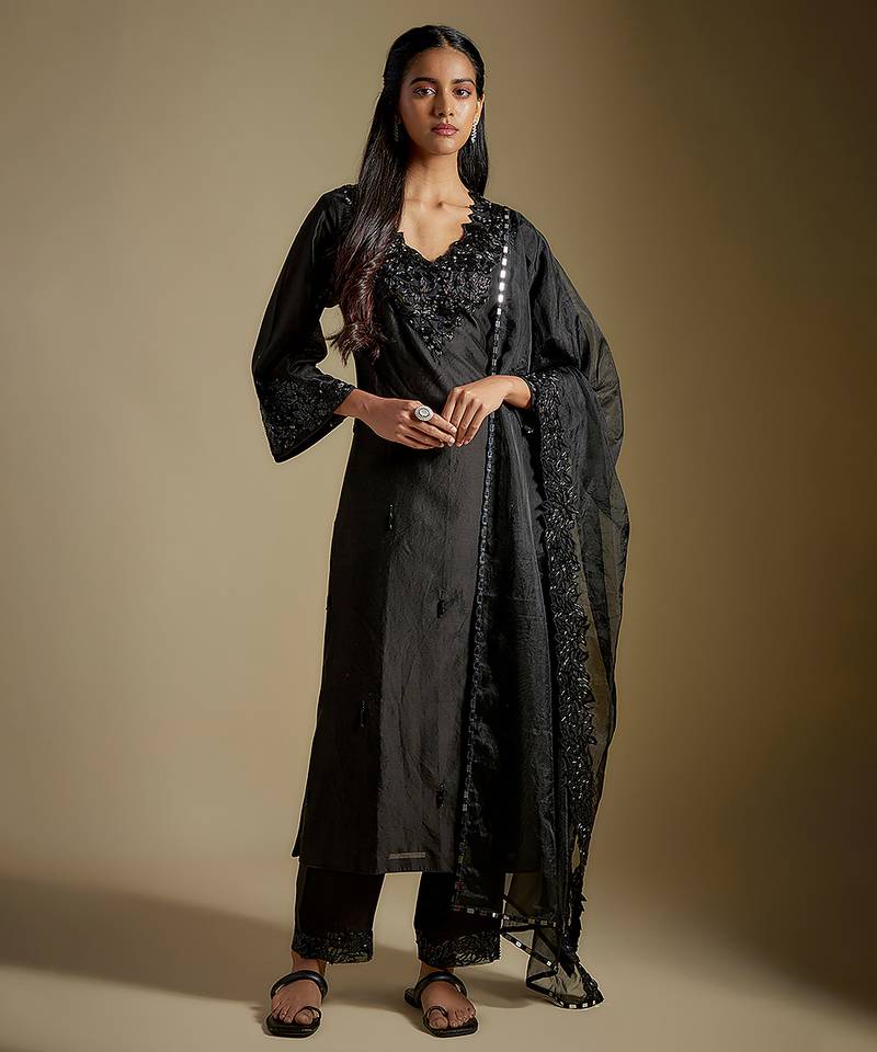 Black embroidered chanderi muslin organza kurta set
