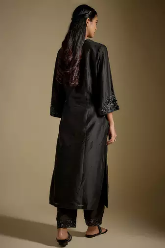 Black embroidered chanderi muslin organza kurta set