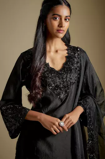 Black embroidered chanderi muslin organza kurta set