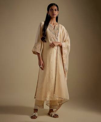 Beige embroidered chanderi muslin organza kurta set 1