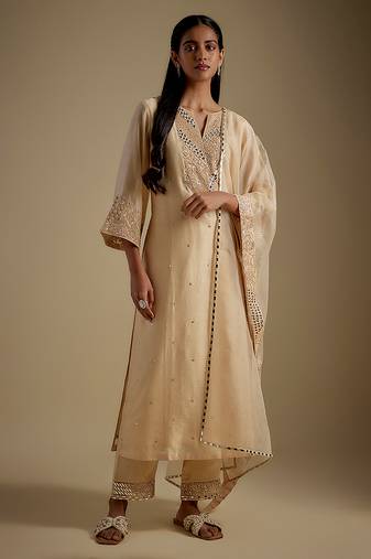 Beige embroidered chanderi muslin organza kurta set