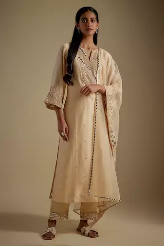 Beige embroidered chanderi muslin organza kurta set