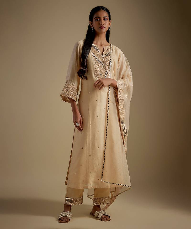 Beige embroidered chanderi muslin organza kurta set