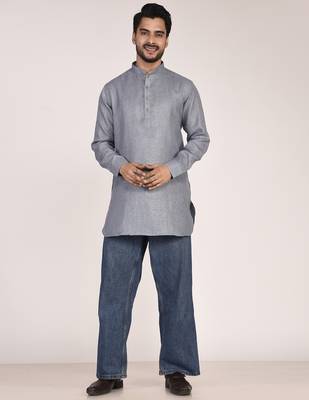 Men's solid pure linen short kurta 2