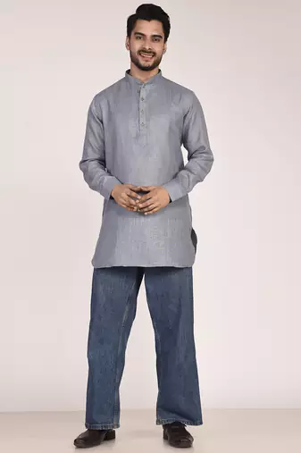 Men's solid pure linen short kurta