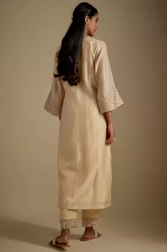Beige embroidered chanderi muslin organza kurta set