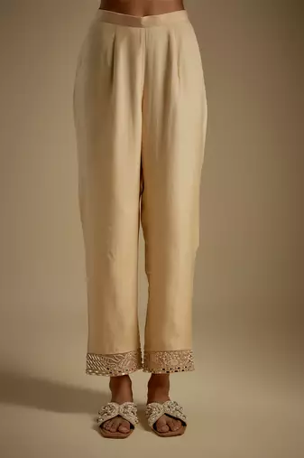 Beige embroidered chanderi muslin organza kurta set