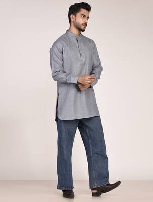 Men's solid pure linen short kurta 3