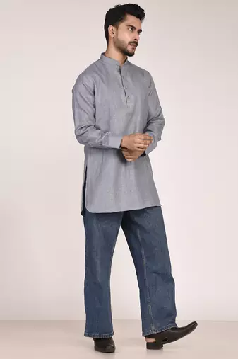 Men's solid pure linen short kurta