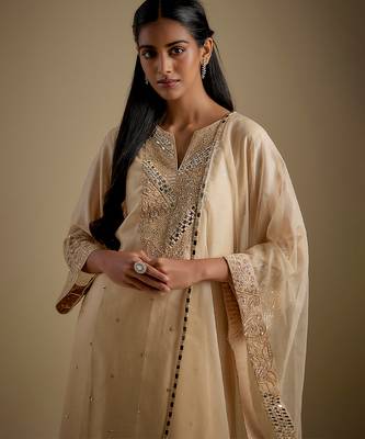 Beige embroidered chanderi muslin organza kurta set 4