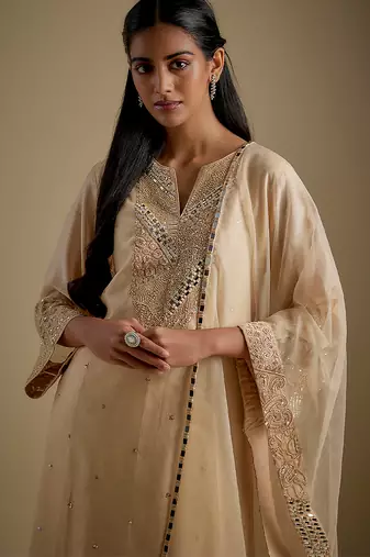 Beige embroidered chanderi muslin organza kurta set