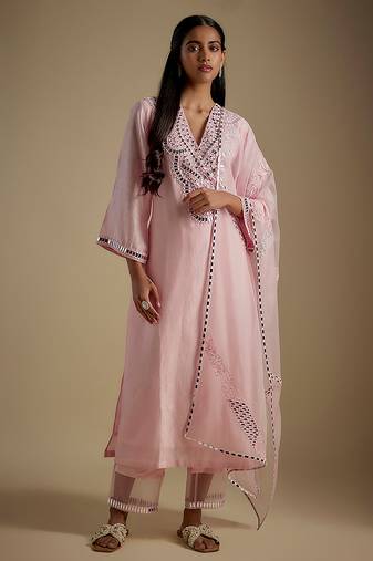 Baby pink embroidered chanderi muslin organza kurta set