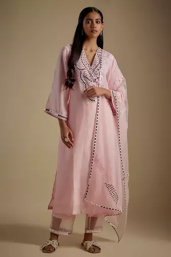 Baby pink embroidered chanderi muslin organza kurta set