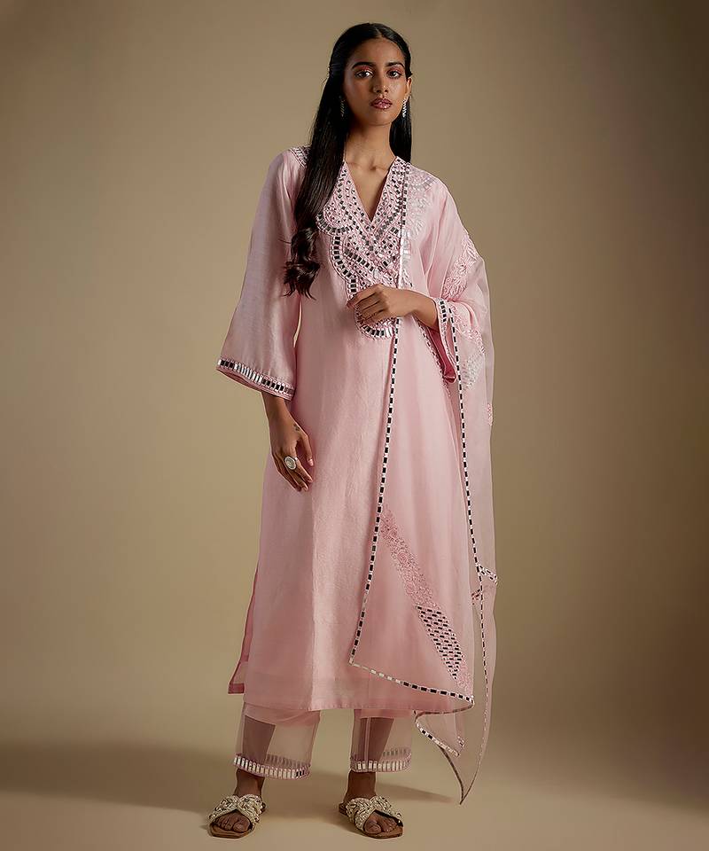 Baby pink embroidered chanderi muslin organza kurta set