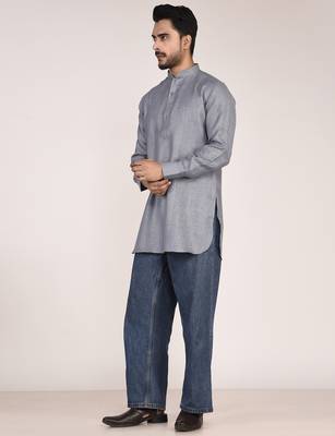 Men's solid pure linen short kurta 4