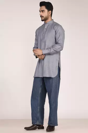 Men's solid pure linen short kurta