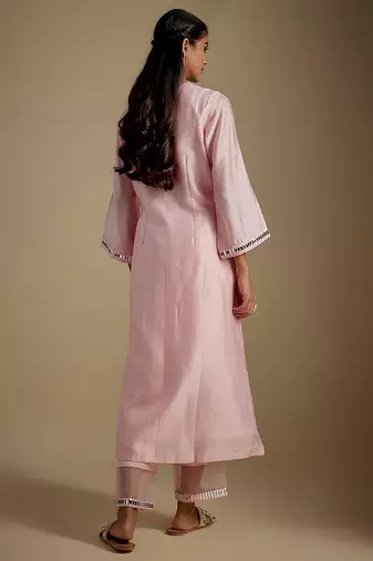 Baby pink embroidered chanderi muslin organza kurta set