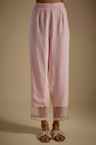 Baby pink embroidered chanderi muslin organza kurta set