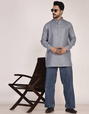 Men's solid pure linen short kurta 5