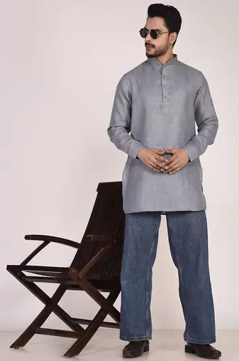 Men's solid pure linen short kurta