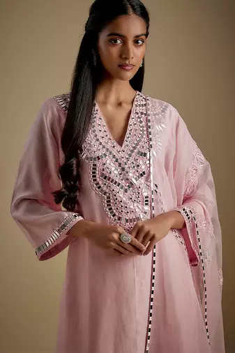 Baby pink embroidered chanderi muslin organza kurta set