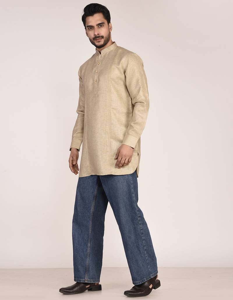 Men's solid pure linen short kurta