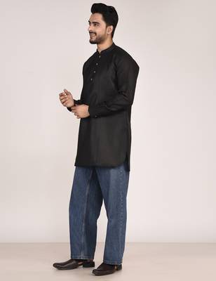 Men's solid pure linen short kurta 4