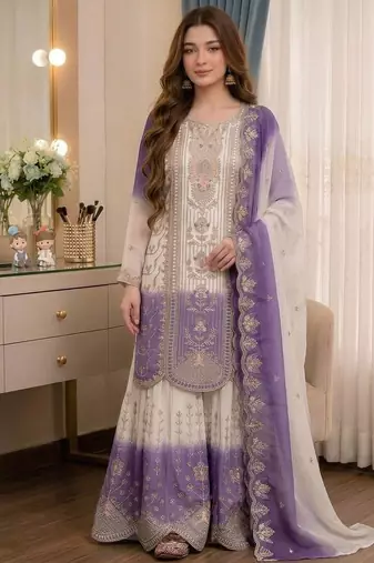 Purple And White Color Embroidery And Thread Work Georgette Salwar Suit