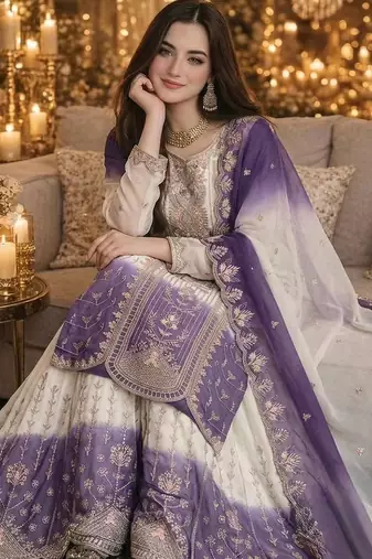 Purple And White Color Embroidery And Thread Work Georgette Salwar Suit