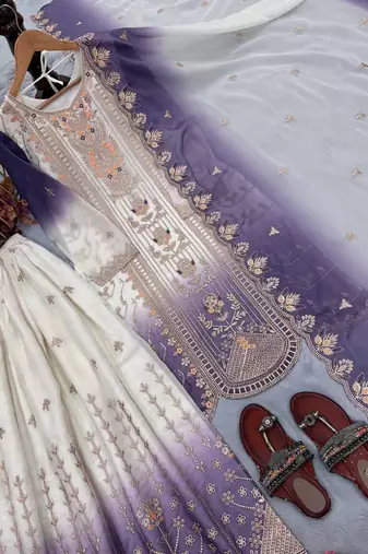 Purple And White Color Embroidery And Thread Work Georgette Salwar Suit