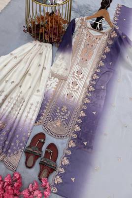 Purple And White Color Embroidery And Thread Work Georgette Salwar Suit 4