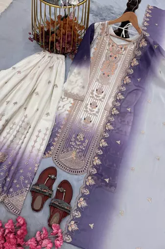 Purple And White Color Embroidery And Thread Work Georgette Salwar Suit