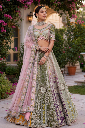 multicolor color Multi Thread Zari Dori Sequins work all over Real Mirror work silk blend Lehenga Choli set