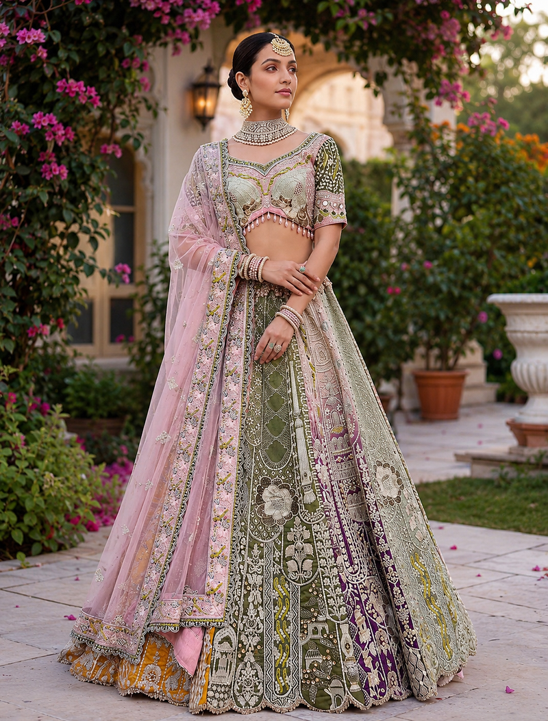 multicolor color Multi Thread Zari Dori Sequins work all over Real Mirror work silk blend Lehenga Choli set
