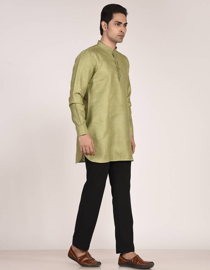 Men's pure linen short kurta with thread work