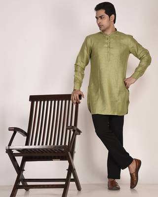 Men's pure linen short kurta with thread work 5