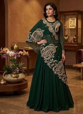 Dark Green Color Sequnce and  Embroidery Georgette Lehenga Choli Set 1