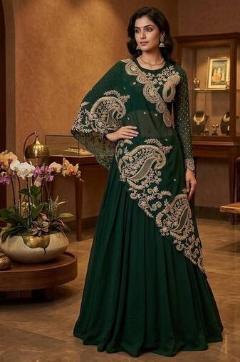 Dark Green Color Sequnce and  Embroidery Georgette Lehenga Choli Set