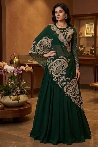 Dark Green Color Sequnce and  Embroidery Georgette Lehenga Choli Set