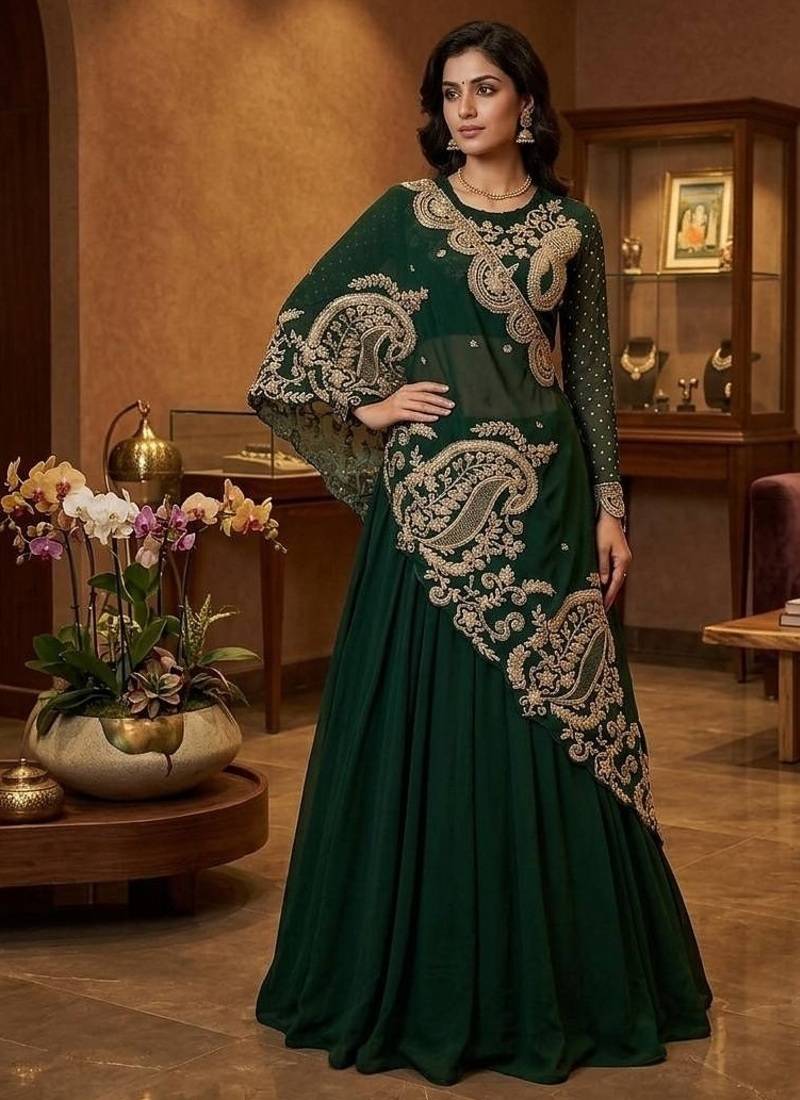 Dark Green Color Sequnce and  Embroidery Georgette Lehenga Choli Set