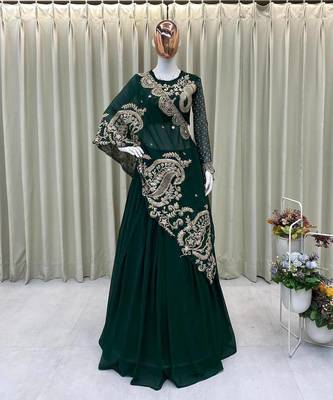Dark Green Color Sequnce and  Embroidery Georgette Lehenga Choli Set 2