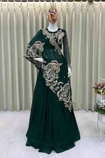 Dark Green Color Sequnce and  Embroidery Georgette Lehenga Choli Set