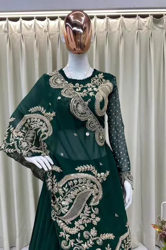 Dark Green Color Sequnce and  Embroidery Georgette Lehenga Choli Set