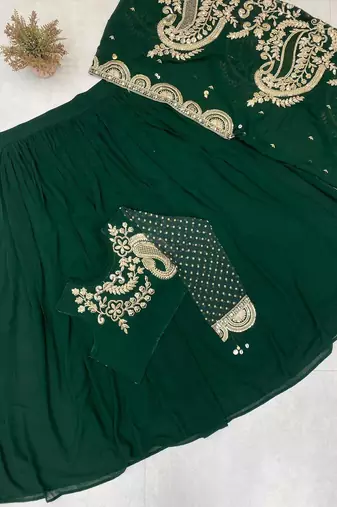 Dark Green Color Sequnce and  Embroidery Georgette Lehenga Choli Set