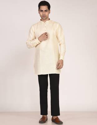 Men's pure linen short kurta with thread work 2