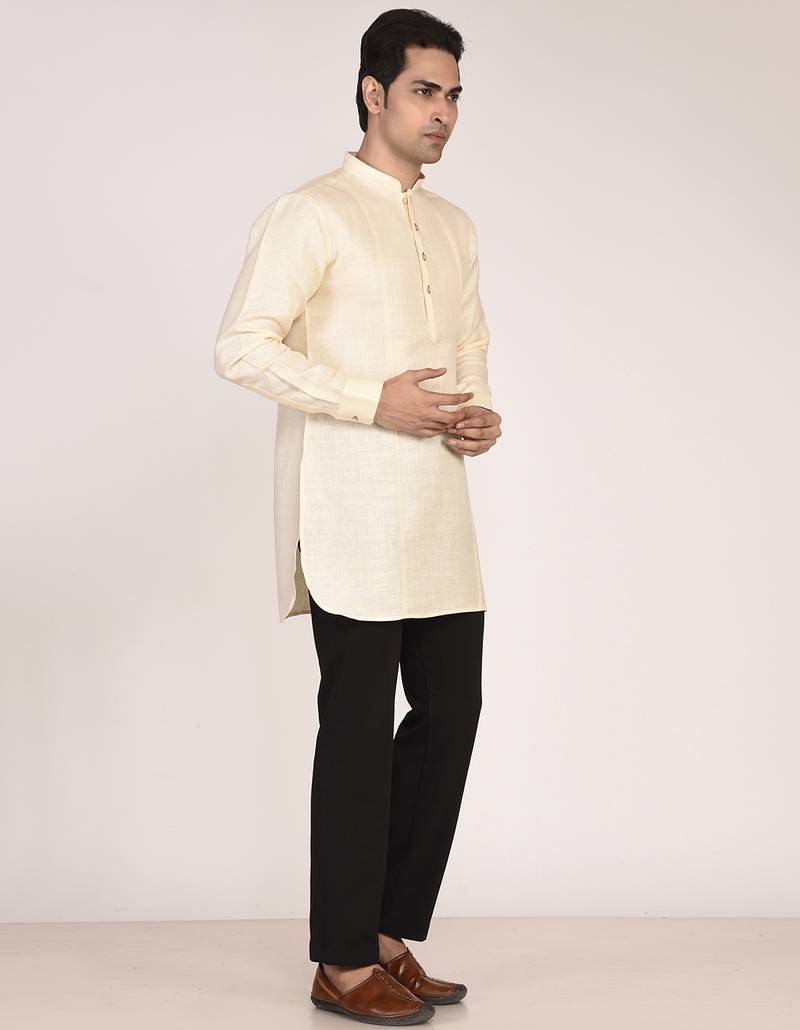 Men's pure linen short kurta with thread work